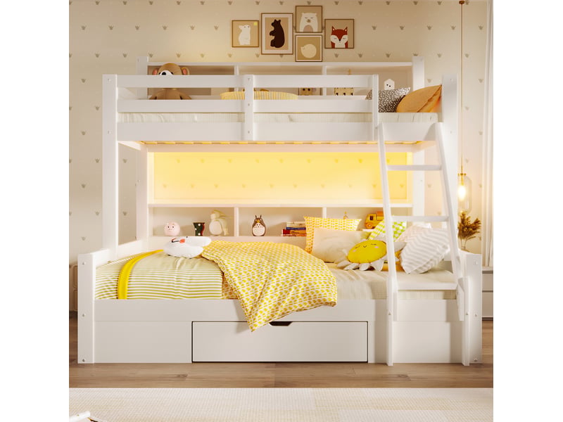  Lit superposé 90x200 cm et 140x200 cm avec led et rangements blanc  - Conforama B