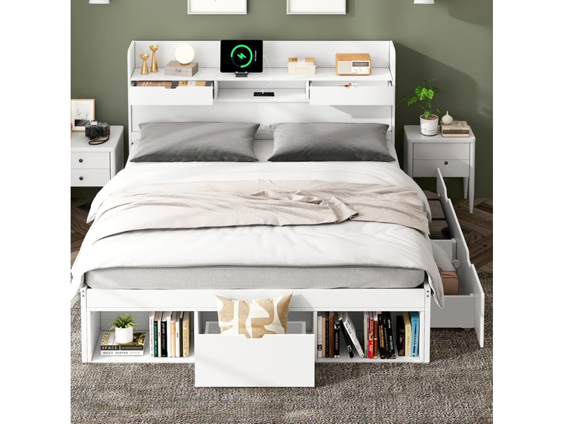  Lit enfant 140x190cm, sommier, recharge, étagère, tiroirs, rangement, bois blanc sans matelas  - Conforama E