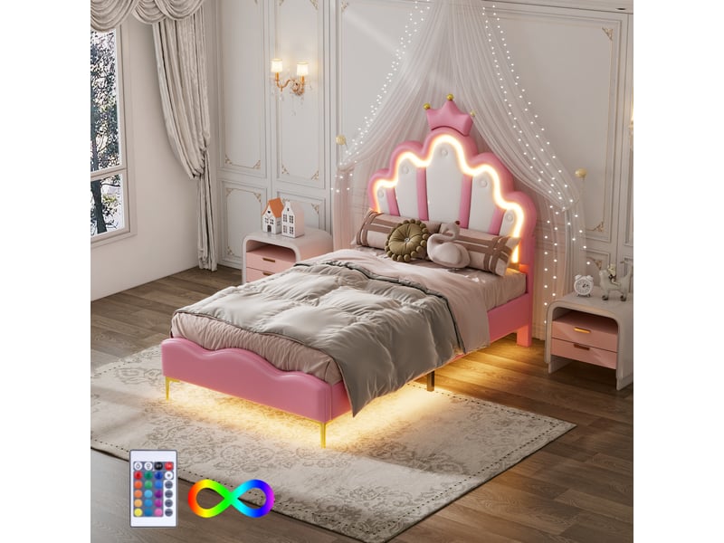 Lit enfant 90x200cm lit princesse en forme de couronne avec led - lit double avec sommier - pu - rose (sans matelas) - Conforama C