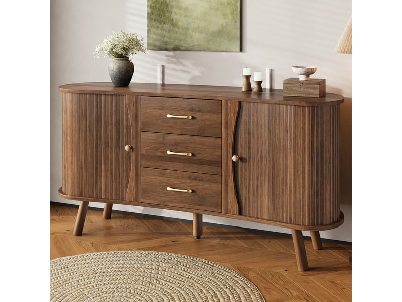  Buffet bas 150x36,5x75cm, 2 portes coulissantes, 3 tiroirs, étagères réglables, pieds en bois massif, finition noyer style scandinave, salon  - Conforama C