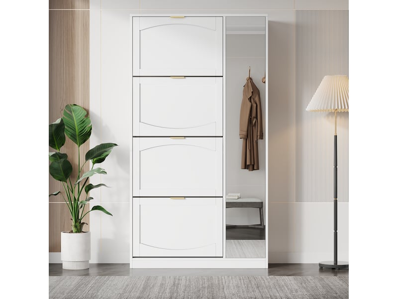  Meuble à chaussures ulevr avec miroir, 4 compartiments abattants, étagères réglables, 80 x 147 x 24 cm, blanc, panneaux de particules  - Conforama B