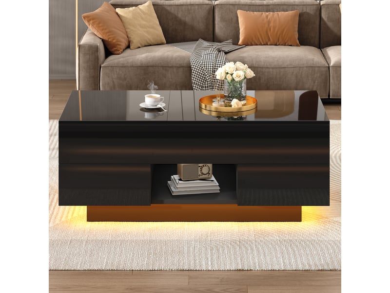  Table basse relevable, avec 2 tiroirs, rangement caché, led et plateau rabattable, pour salon, noir, 100 × 45 × 43 cm  - Conforama D