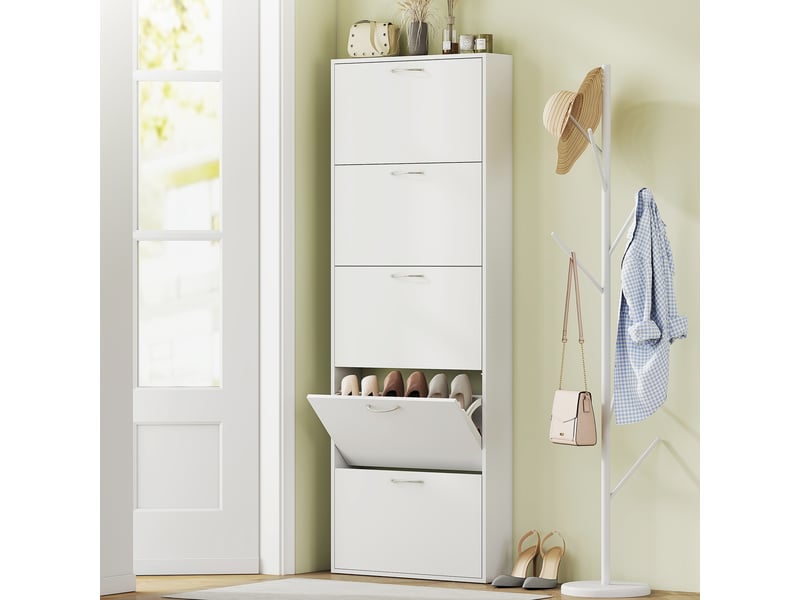 Meuble à chaussures 15 paires, armoire à chaussures étroite moderne avec 5 tiroirs rabattables, 65 x 17 x 180,5 cm blanc - Conforama B
