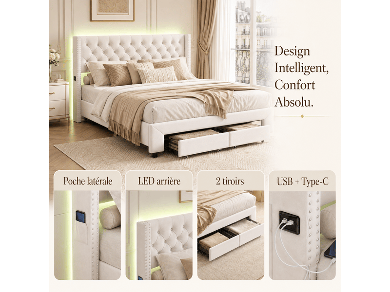  Lit coffre double avec 2 tiroirs - 140x190 cm - lit capitonné complet avec éclairage led et charge usb - sommier à lattes - 2 places2 personnes - tissu en velours  - tiroir de lit - chambre adulteadolescentenfant - cadre de lit …  - Conforama C