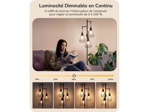 Lampadaire led 3 lumieres metal noir 166 cm dimmable e27 blanc chaud 3000k