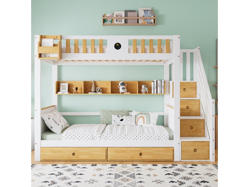 Lit superposé 90x200cm, lit enfant avec compartiments, tiroirs, espace de rangement, barrière de protection, blanc et naturel - Conforama C