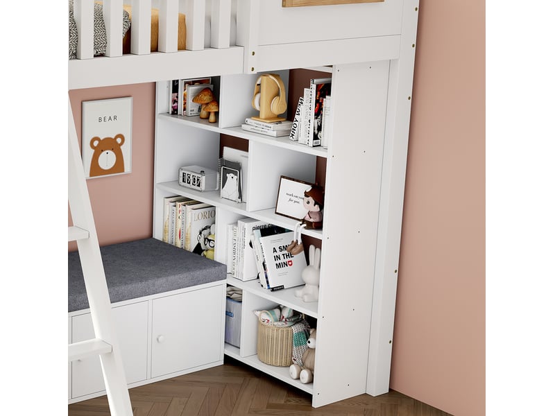  Lit mezzanine enfant tcqpz 90 x 200 cm avec rangement, armoire, étagères et banquette blanc et naturel  - Conforama E