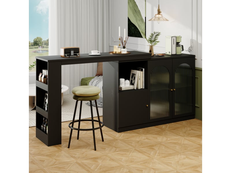  Meuble bar rotatif 360° 120x40x97 cm, avec rangement et portes vitrées cannelées, îlot de cuisine en mdf - noir  - Conforama D