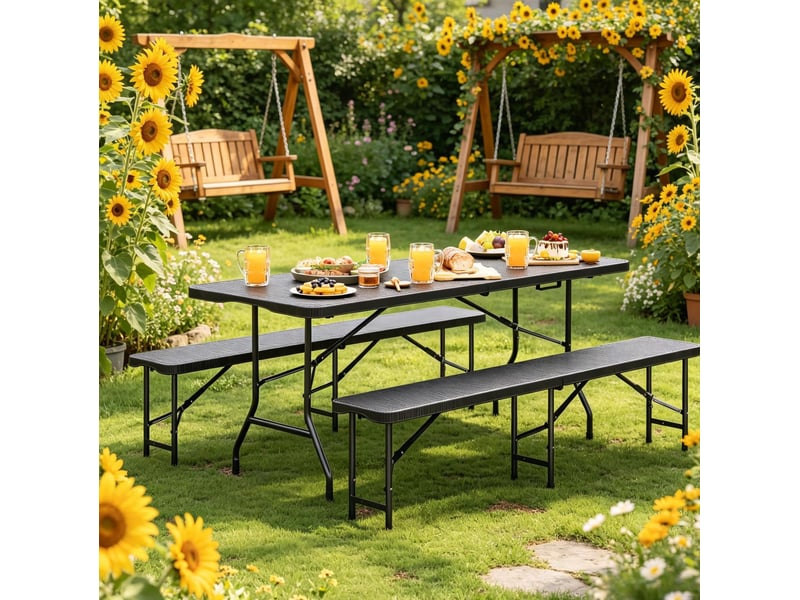  Ensemble de mobilier de jardin pliant 180x74x70 cm, 1 table et 2 bancs, métal, noir  - Conforama D
