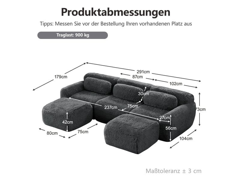  Canapé modulable en u 3 places gris en peluche, avec ottoman et coussins  - Conforama E