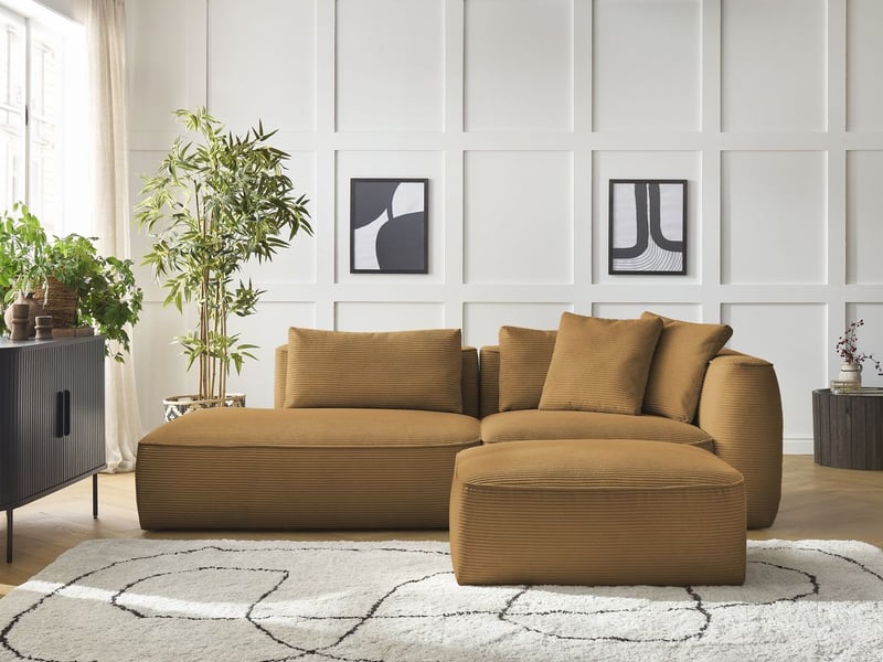  Bobochic canapé droit fixe 3 places leopold velours côtelé avec pouf jaune  accoudoir droit LEOPOLD - Conforama C