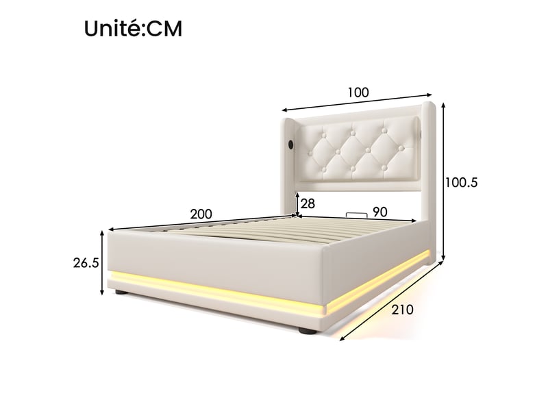  Lit coffre simple 90x200 cm en similicuir blanc avec usb, type-c et led 3 côtés, sans matelas  - Conforama D