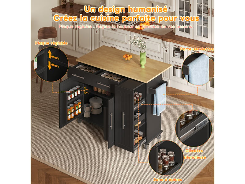  Îlot de cuisine à roulettes rabattable 120x40(65)x90 cm avec organiseur coulissant 3 niveaux, mdf, noir et naturel  - Conforama R