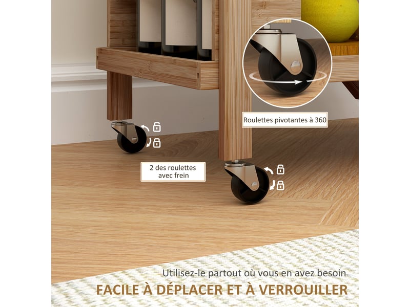  Desserte de cuisine en bambou chariot de service pliable 2 plateaux 4 roues 3 casiers à vin 66 x 40 x 70 cm bois naturel  - Conforama R
