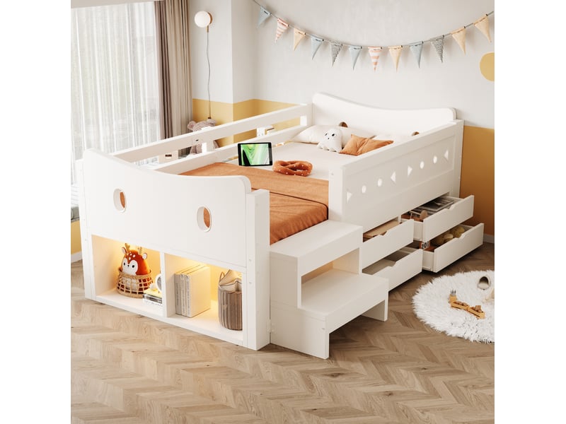  Lit enfant 90 × 200 cm 1 place avec barrières, 4 tiroirs, led, usb et port type c, sans matelas, blanc  - Conforama B