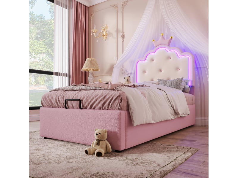  Lit enfant 90x200 cm rose avec sommier, éclairage led télécommandé et rangement hydraulique  - Conforama E