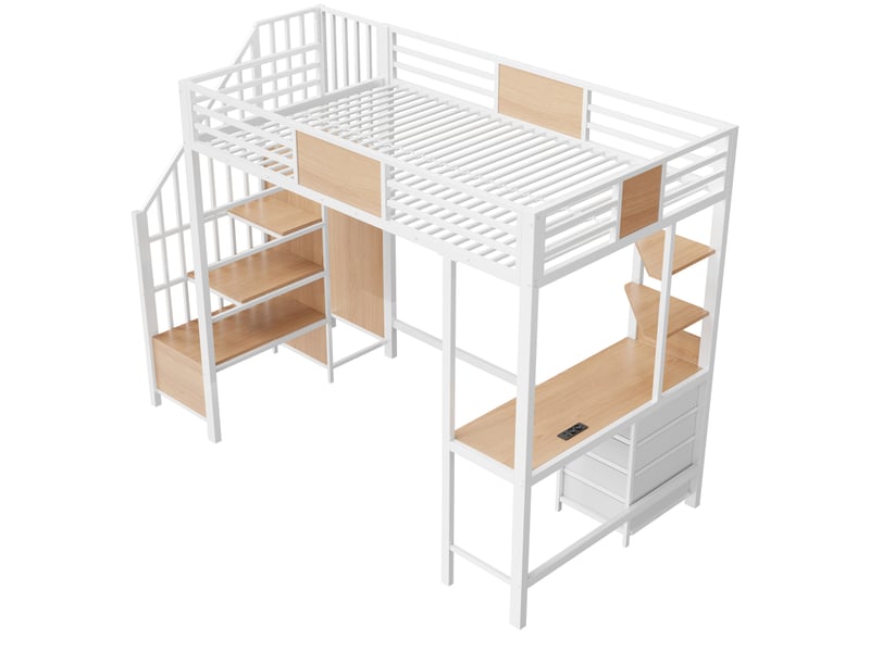  Lit mezzanine enfant 90x200 cm – blanc – bureau, étagères, led et prise intégrée – sans matelas  - Conforama D