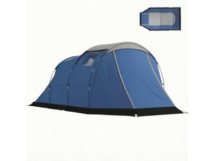 Tente tunnel 4 places bleue double paroi étanche 3000 mm avec séjour, idéale pour le camping en groupe