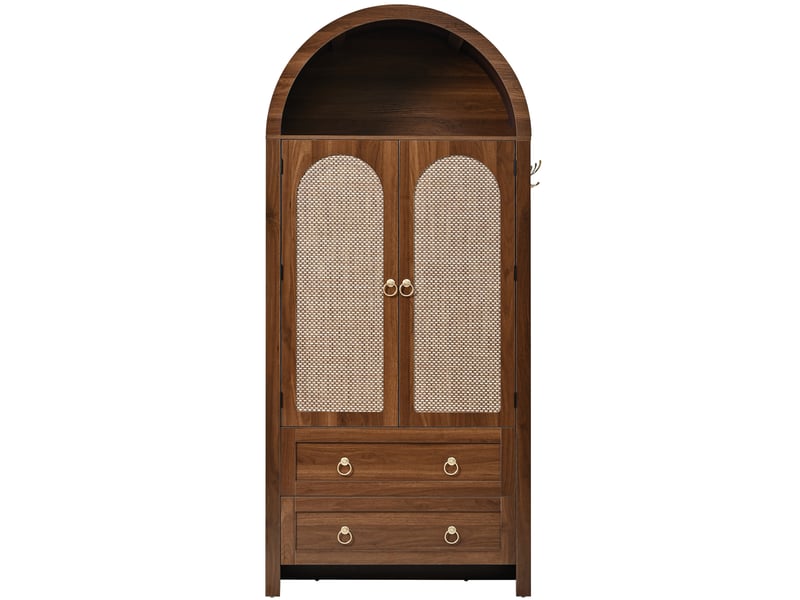  Buffet en rotin style arche 80 x 40 x 180 cm noyer mdf avec deux tiroirs rangement et crochets latéraux Sol Morn - Conforama A