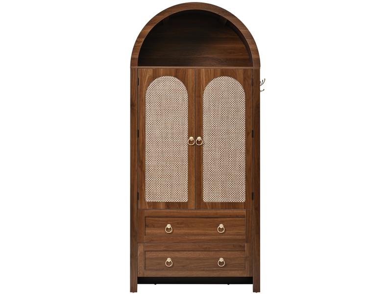  Buffet en rotin style arche 80 x 40 x 180 cm noyer mdf avec deux tiroirs rangement et crochets latéraux Sol Morn - Conforama A
