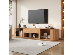 Meuble tv 180 cm avec rangement, 2 portes roulantes et tiroir, design bois avec rayures verticales, pour tv jusqu'à 75 pouces