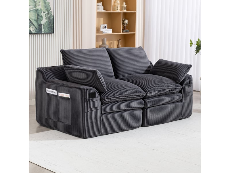 Canapé modulable 2 places en velours côtelé gris foncé avec coussins et poches latérales - Conforama D
