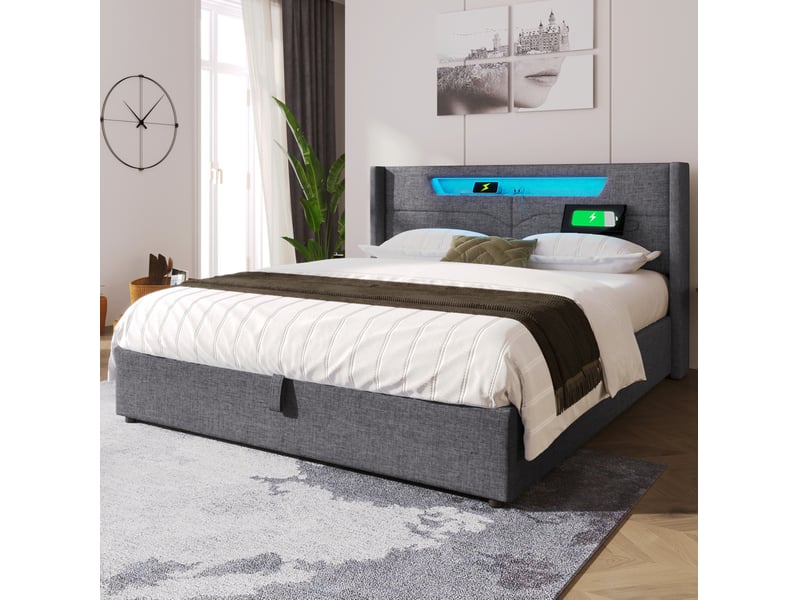  Lit coffre ulevr 160x200 avec led et ports usb type-c, tête de lit rembourrée, revêtement en lin gris  - Conforama D