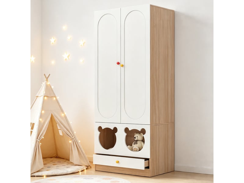  Armoire enfant avec 2 portes, tringle, étagères et tiroirs, finition laquée, en mdf, 80×50×200 cm, blanc naturel  - Conforama C