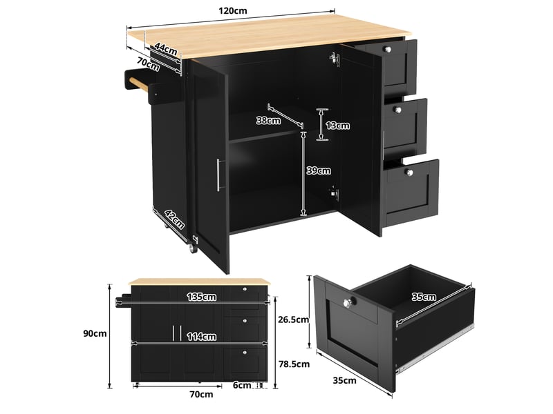  Desserte de cuisine mobile avec plateau rabattable et rangement - lpospi - mdf noir et naturel 135 × 70 × 90 cm  - Conforama D