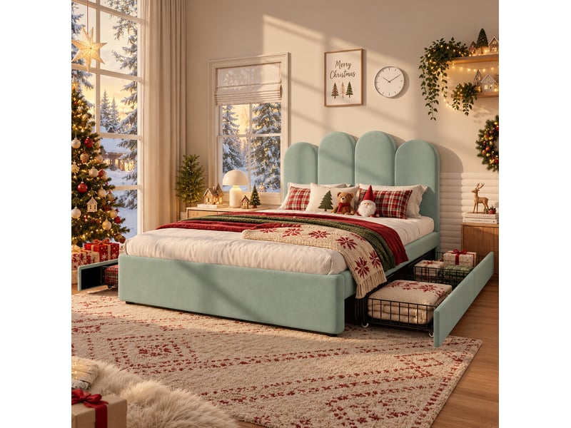 Lit double 140x200 cm, 4 tiroirs, tête de lit arquée en velours, lattes en contreplaqué, vert clair sans matelas  - Conforama E