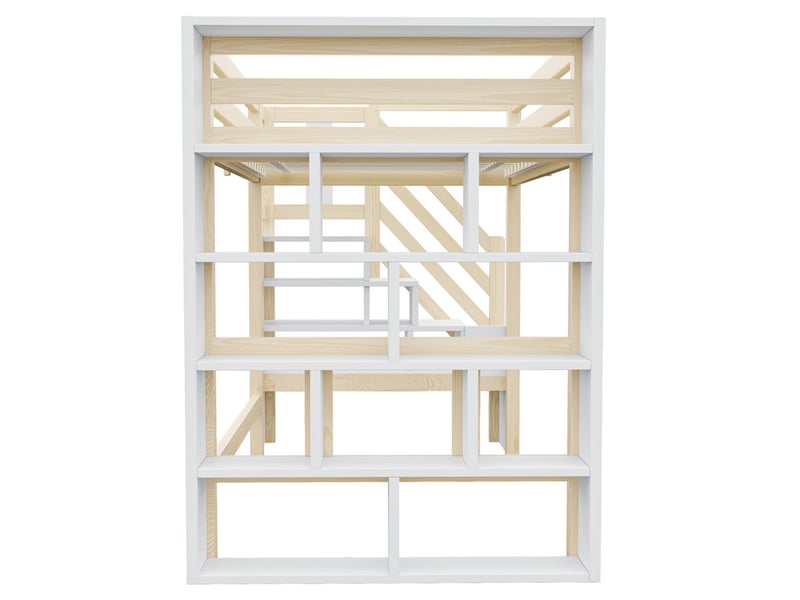  Lit mezzanine bois 90x200 cm, étagères, barrières sécurité, escalier rangement, led, sommier lattes, blanc et naturel  - Conforama E