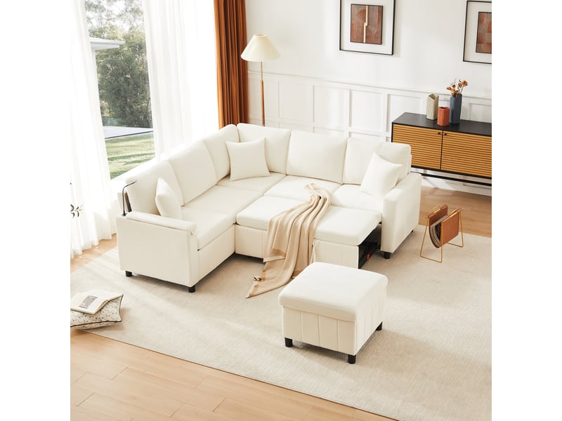 Canapé d'angle convertible tcqpz en chenille beige 205 x 205 x 85 cm avec fonction lit, usb type-c, lampe de lecture et table intégrée - Conforama E