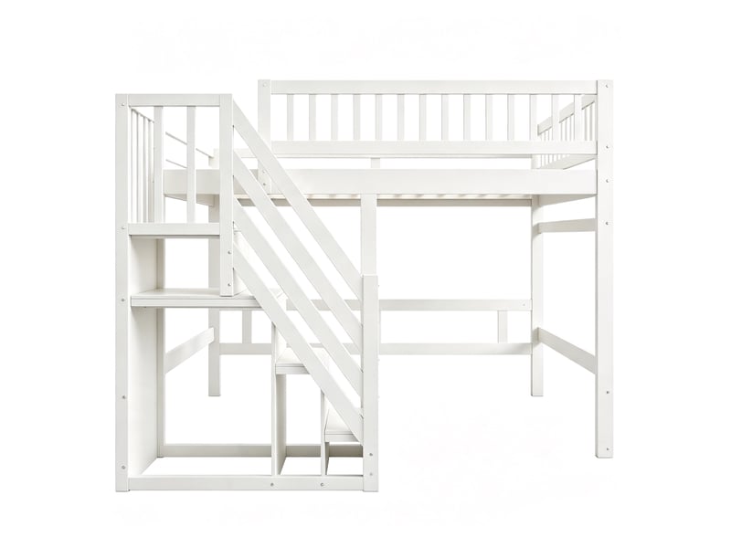Lit mezzanine enfant 140x200 cm – blanc – escalier de rangement et garde-corps haut - sans matelas - Conforama D
