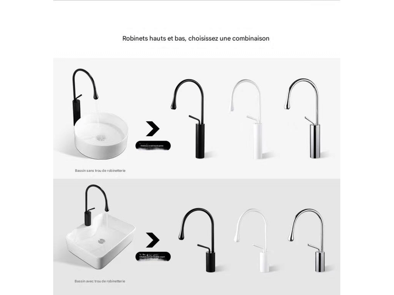 Robinet de salle de bain avec bras pivotant à 360° et design en forme de larme, mitigeur universel en laiton à poignée unique, profil bas  - Conforama E