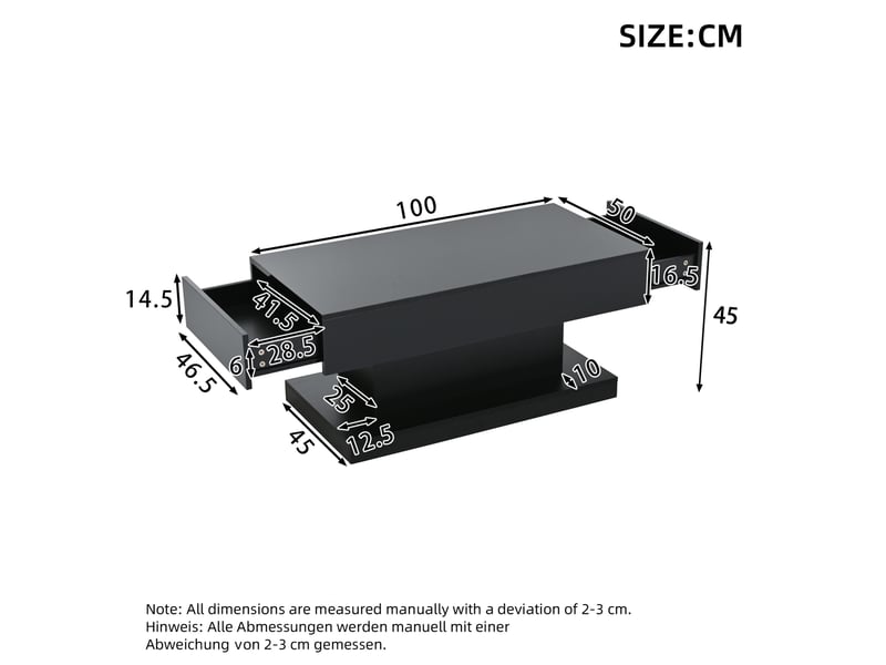  Table basse 100 x 50 x 45 cm avec 2 tiroirs, led à contrôle par application, noir cravdom  - Conforama E