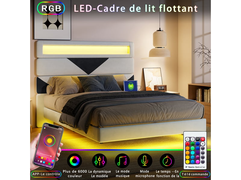  Lit double 160x200 cm,lit double led ,port usb-c, lit flottant, cadre de lit 160x200 cm, velours, blanc et noir  - Conforama E