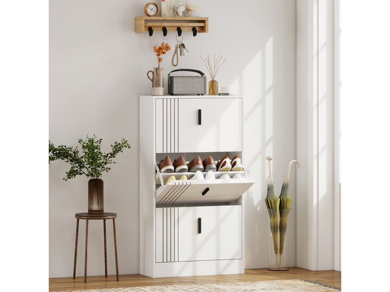  Meuble à chaussures armoire à chaussures à 3 abattants 18 paires grande capacité en bois 63 x 24 x 117 cm blanc  - Conforama B