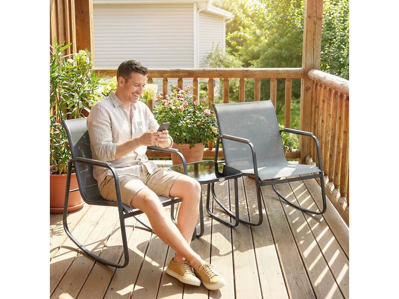  Ensemble de jardin 3 pièces avec 2 fauteuils à bascule, une table basse en verre et une structure en acier pour terrasse, gris  - Conforama D