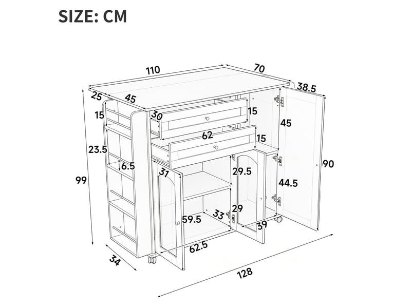  Îlot de cuisine mobile avec plateau rabattable, 2 tiroirs, portes vitrées et roulettes, blanc et coloris bois naturel  - Conforama C