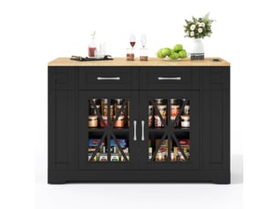 Îlot de cuisine sur roulettes 120cm avec table pliante, prises électriques et portes en verre, desserte noir et bois