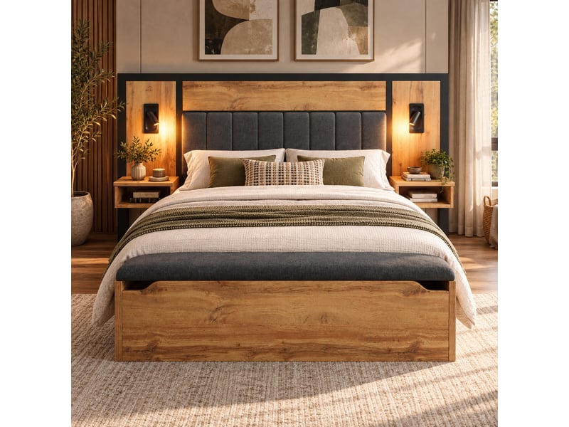  Lit double rembourré 160x200 cm avec liseuse, usb-c, table de chevet et banc avec rangement, sommier métalbois, lin, coloris chêne, sans matelas IKSETERA TRADING LTD - Conforama D