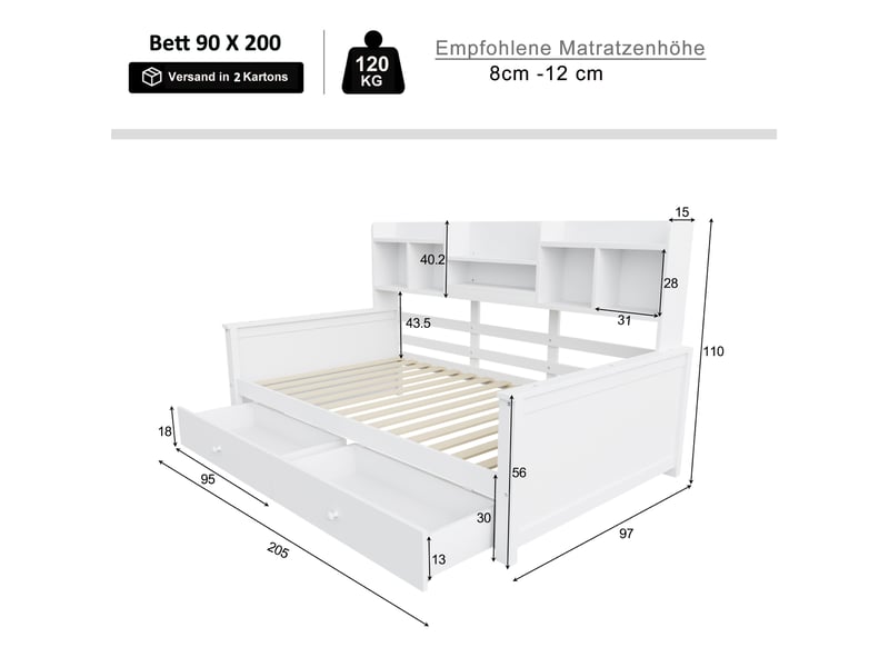  Lit banquette 90 × 200 cm 1 place avec 2 tiroirs, étagères et rangement latéral, sans matelas, en bois, blanc  - Conforama D