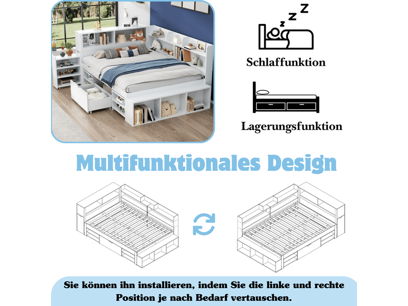  Lit enfant 140x200 cm avec rangements - sommier à lattes inclus, tiroirs et bibliothèque, blanc  - Conforama D
