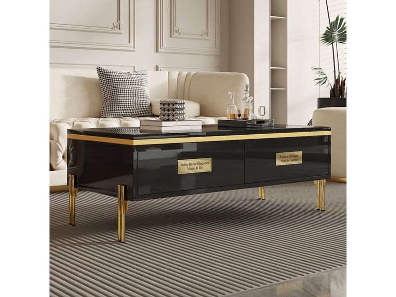  Table basse noire brillante 100x50x36 cm avec tiroirs cachés et pieds en métal  - Conforama B
