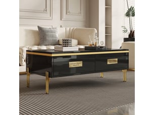 Table basse noire brillante 100x50x36 cm avec tiroirs cachés et pieds en métal
