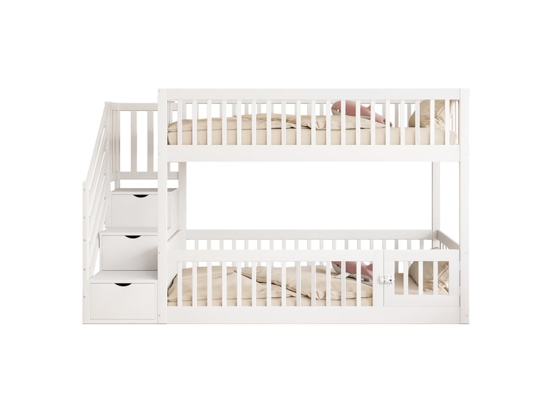  Lit superposé, 90x200 cm, mobilier enfant, barrières de sécurité, 1 sommier, matelas non inclus, bois, coloris blanc  - Conforama A