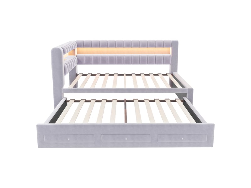  Canapé-lit 90 x 190 cm – avec lit gigogne – avec 3 tiroirs – avec éclairage led – avec port de charge usb – gris clair (matelas non inclus)  - Conforama W