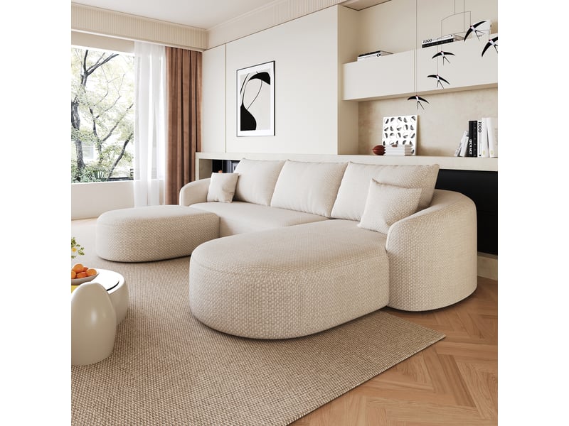 Canapé d'angle u 5 places 266x168x85 cm, modulable sans armature, mousse compressée, velours chenille, sans montage, assise confortable,beige ABC - Conforama D