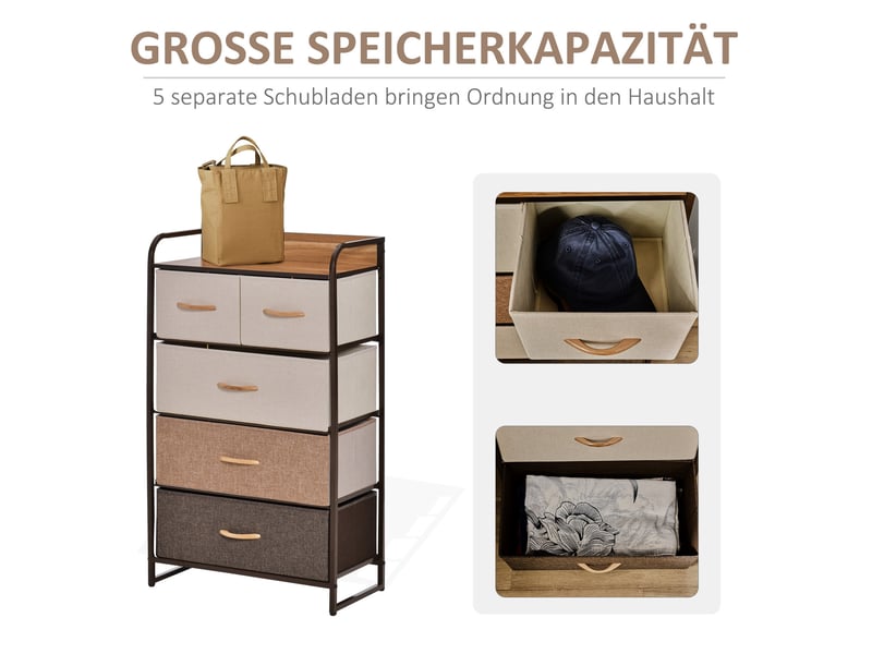  Commode avec 5 tiroirs en tissu pliables, poignées et anti-basculement pour salon et chambre, marron, 58 × 29 × 99 cm  - Conforama D