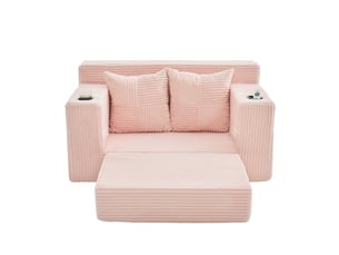 Canapé droit 2 places en velours côtelé rose, design contemporain avec coussins et rangement latéral intégré pour salon moderne